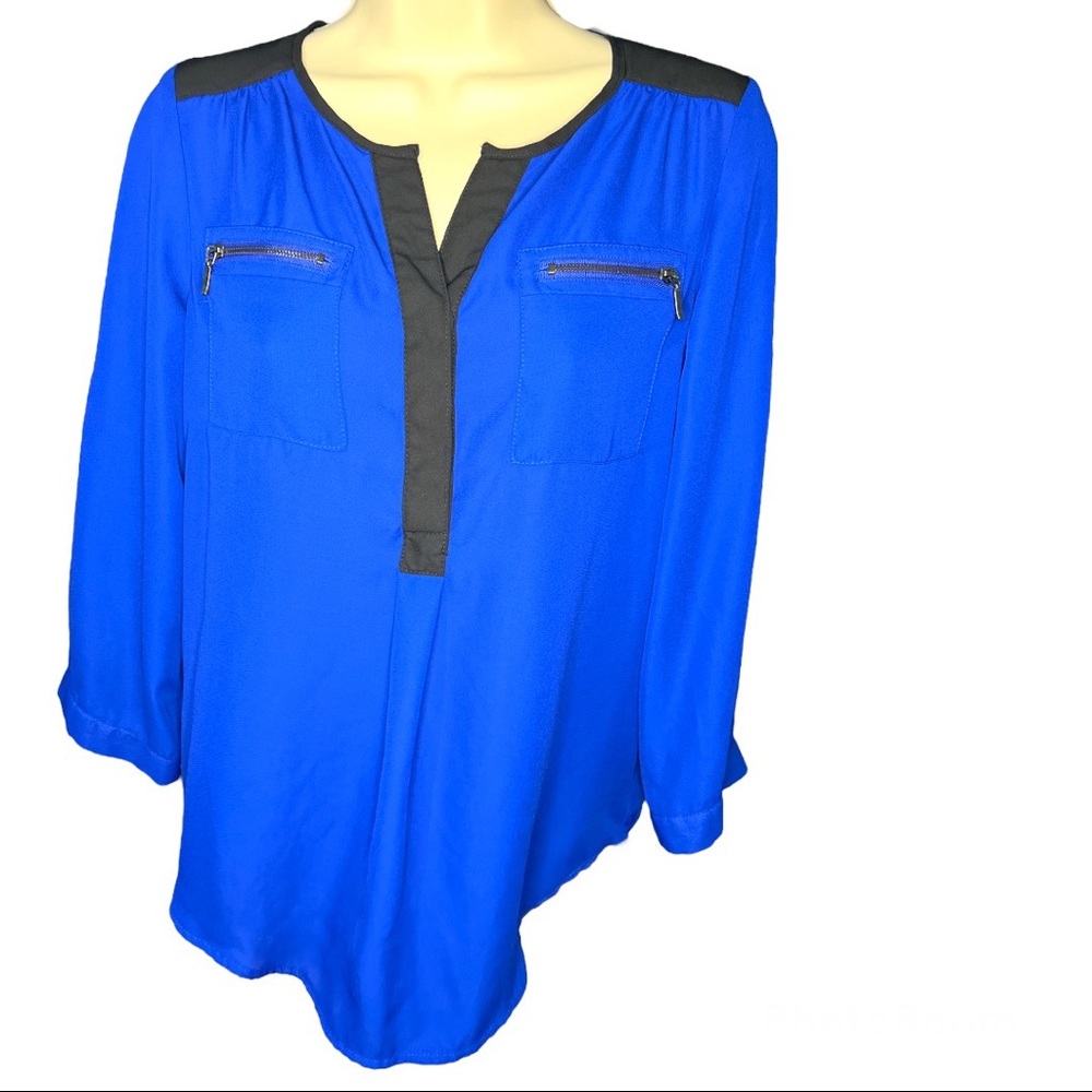 My Michelle Cobalt Blue Blouse with Black Accent. 3/4 button sleeves. Size XS.